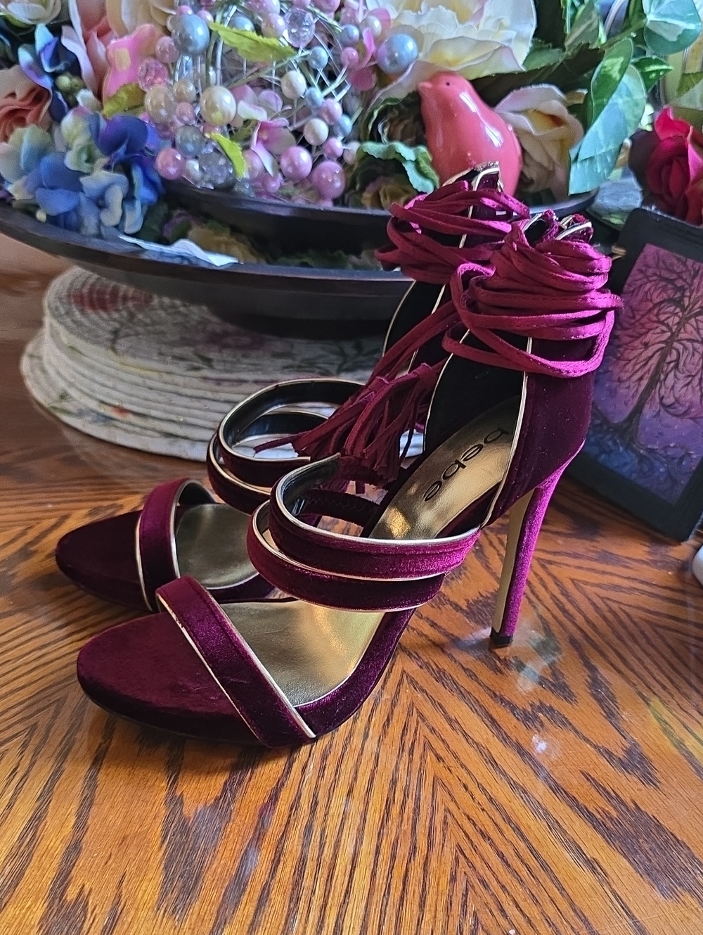 NWOT Bebe Burgundy Velvet Heels With Ankle/Calf Wrap.